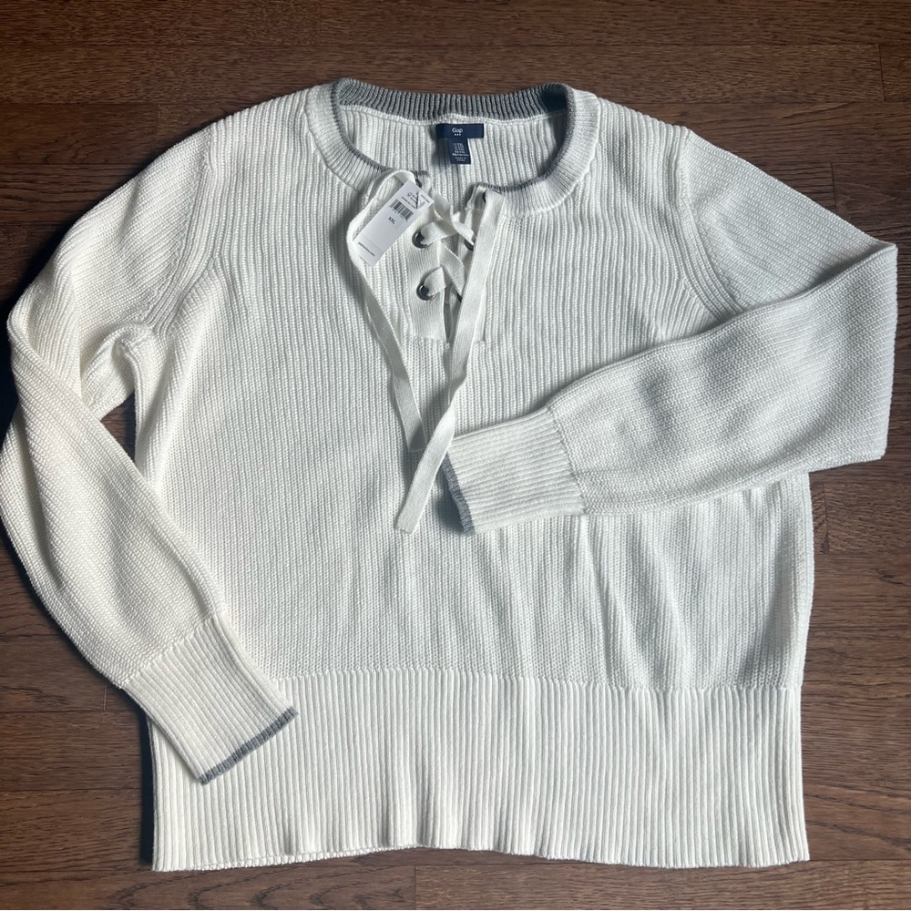 GAP White and Gray Lace-Up Sweater